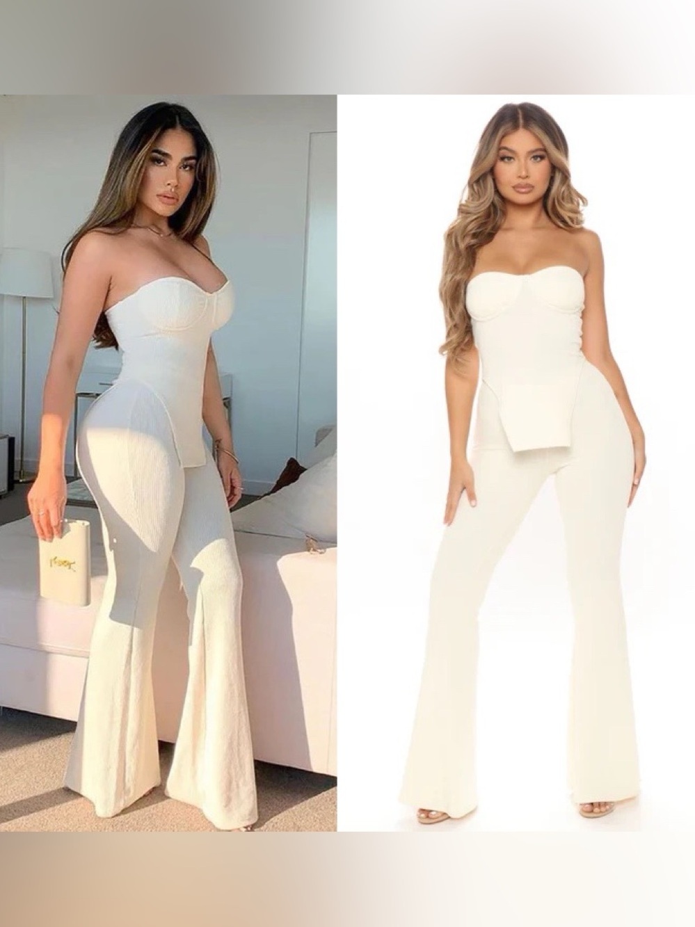 Fashion Nova 2 Piece Set Womens Medium Cream Ribbed Knit Corset Top Flare Pants